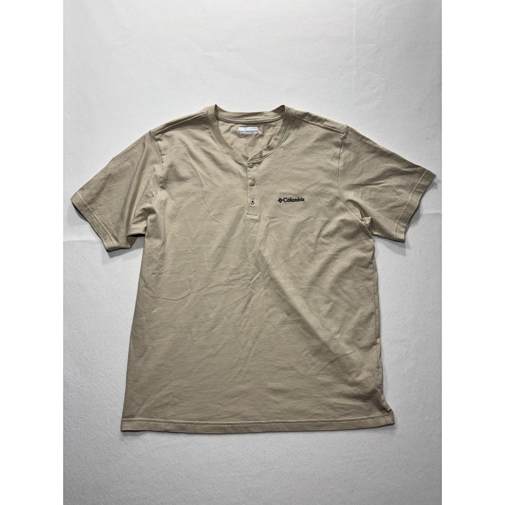 Columbia Shirt Mens Large Beige Short Sleeve Henley Logo T-Shirt Casual